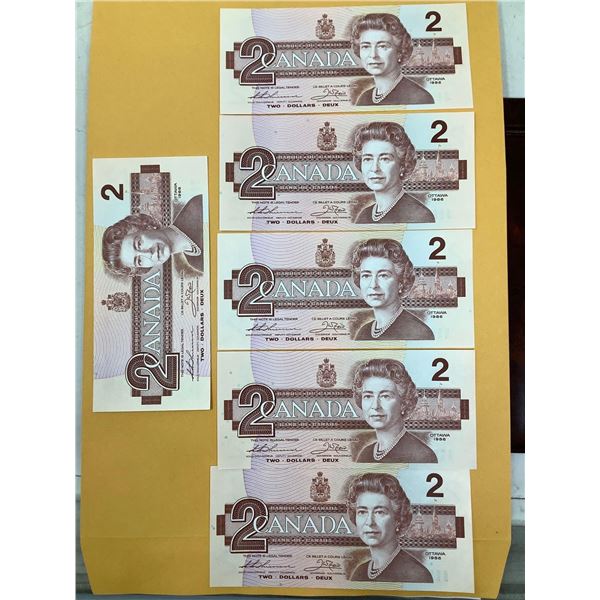 Canada 1986 $2.00 Bills, Crisp condition Lot of 6