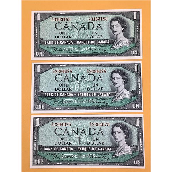 Canada 1954 $1.00 Bills, Crisp condition Lot of 3