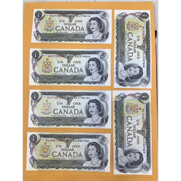 Canada 1973 $1.00 Bills, Crisp condition Lot of 6