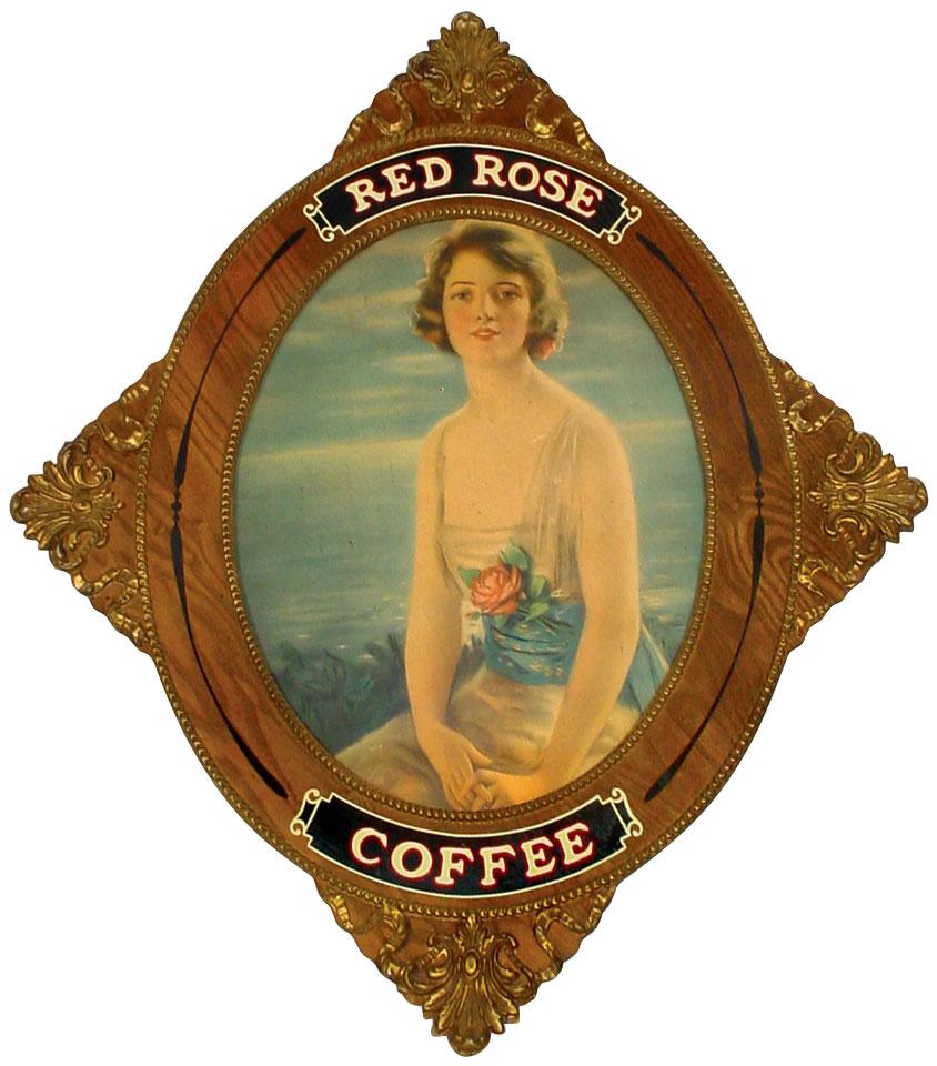 Red Rose Coffee sign, litho on paper w/pretty girl, fancy wood ...