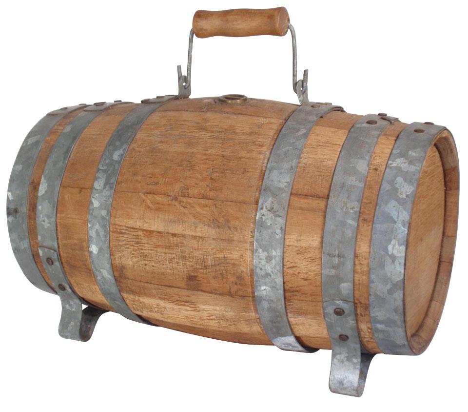 Wooden keg w/handle, oak w/metal straps, Exc cond, 10"Dia x 18"L.