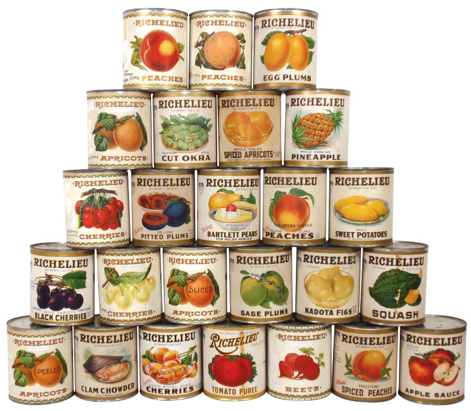 Richelieu fruit & vegetable cans (25), sealed metal cans w/colorful
