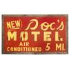 Image 1 : Primitive Doc's Motel 5 miles metal sign in weathered wood frame, VG cond, 19"H x 32"W.