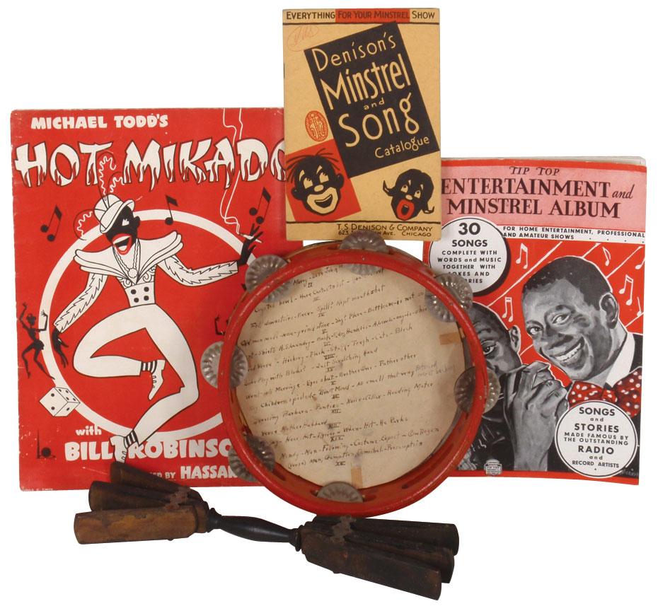 Black Americana minstrel items (5), wooden tambourine & bones