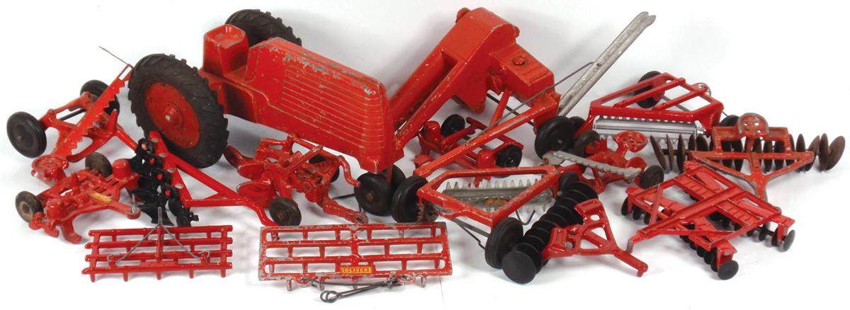 Farm toys (15), 2-row disc, Oliver hay rake (Arcade?), red Oliver ...