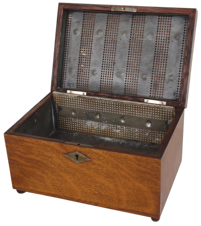 Musical cigar humidor, thick oak tinlined box w/applied metal filigree
