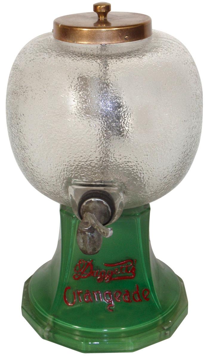 Syrup dispenser, Daggett's Orangeade, painted glass dispenser w/metal