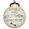 Image 1 : Barber & Beauty Shop light-up hanging globe, reads "Barber & Beauty Shoppe Basement" w/arrow on both