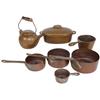 Image 1 : Child's set of copper cookware, 7 total pcs, small pot is cast iron, early 1900's, Exc cond, 1" to 4