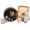 Image 1 : Rose O'Neill bisque dolls (2), Kewpie candy container by Geo. Borgfeldt-NY & tin w/Kewpies on tight 
