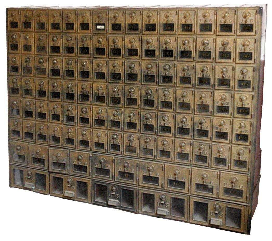 U.S. Post Office postal sorting boxes, embossed U.S. brass doors w