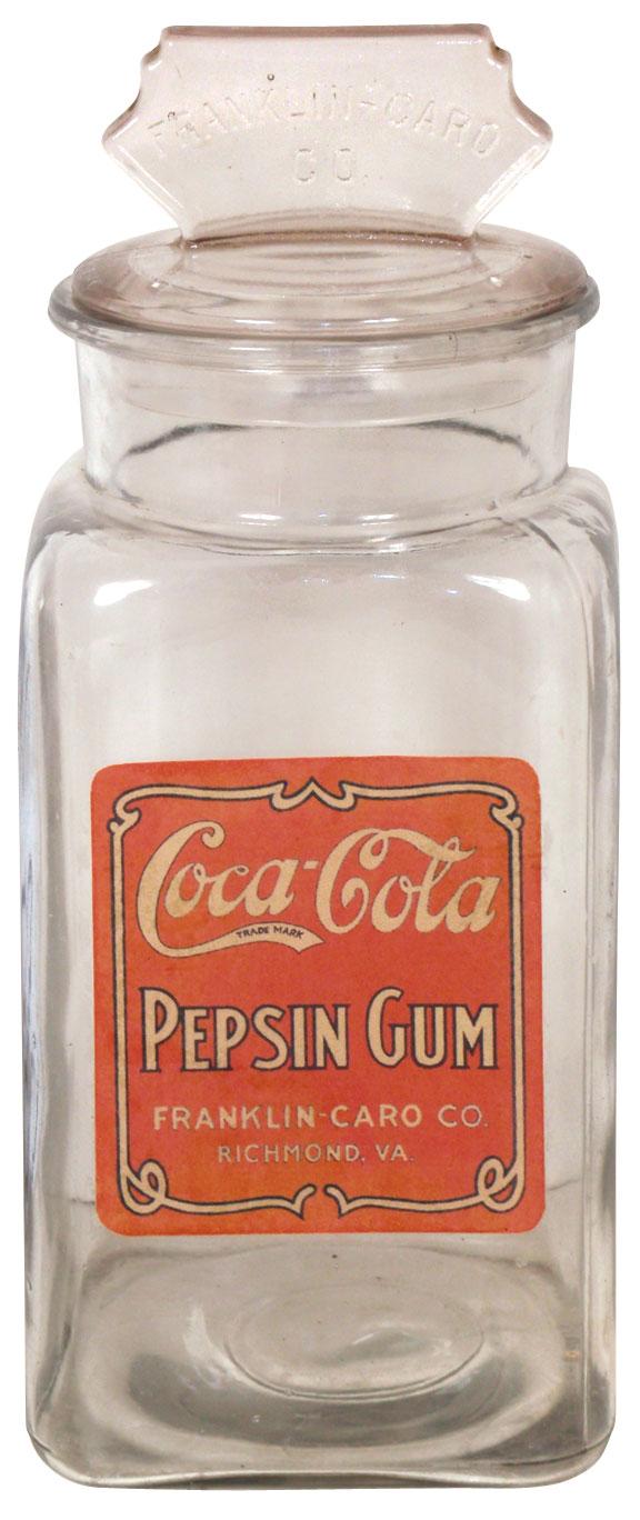 CocaCola chewing gum jar, c.19121914 Franklin Caro Co. jar & lid w