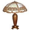 Image 1 : Victorian table lamp, 6 bent panels of caramel slag glass in fancy filigree frame, nice metal base w