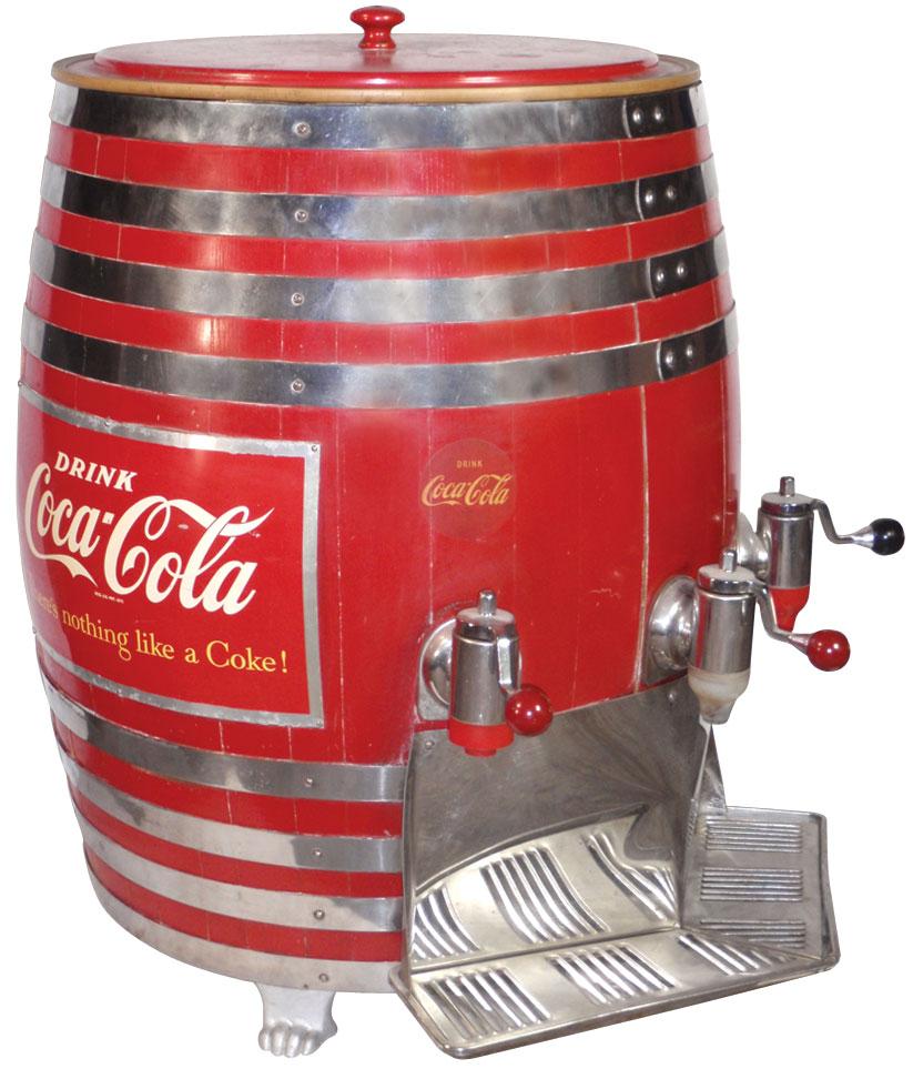 CocaCola wooden barrel dispenser, oak barrel w/metal advertising signs