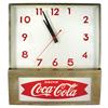Image 1 : Coca-Cola clock, 1960's glass/metal light-up w/fishtail logo at bottom, VG working cond, 12"H x 11"W