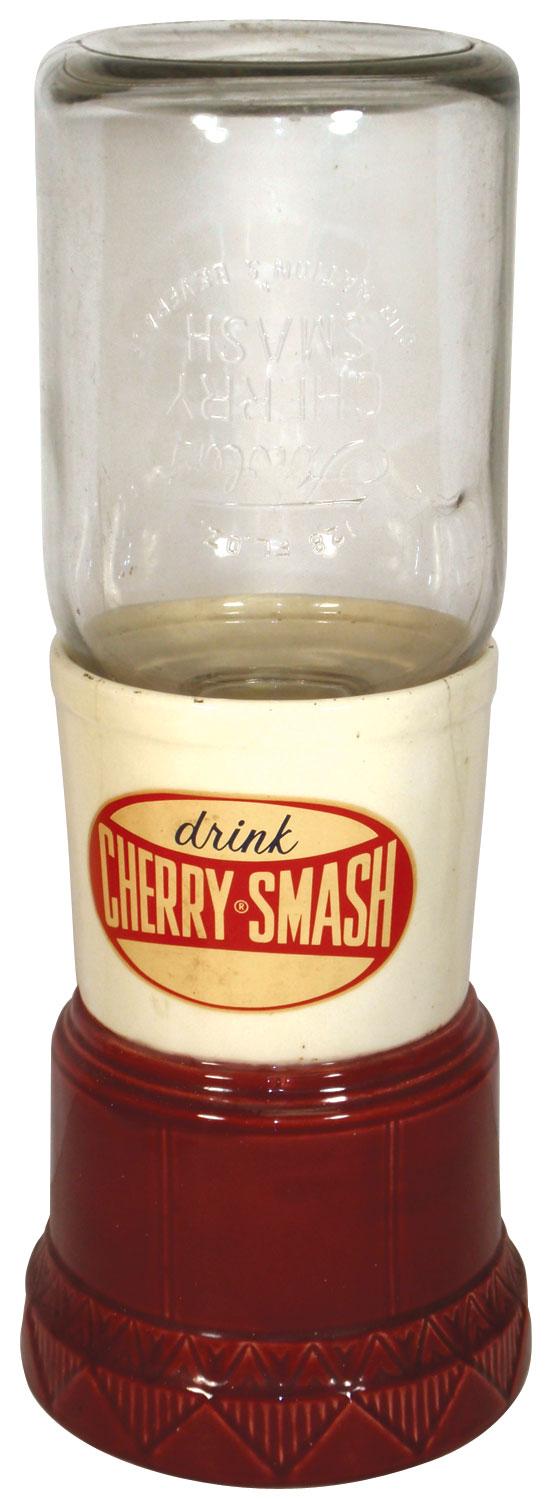 Syrup dispenser, Fowler's Cherry Smash, ceramic Deco base w/2 old