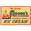 Image 1 : Moore's Ice Cream sign, embossed metal w/nice graphics & great color, Exc cond, 23"H x 36"W.