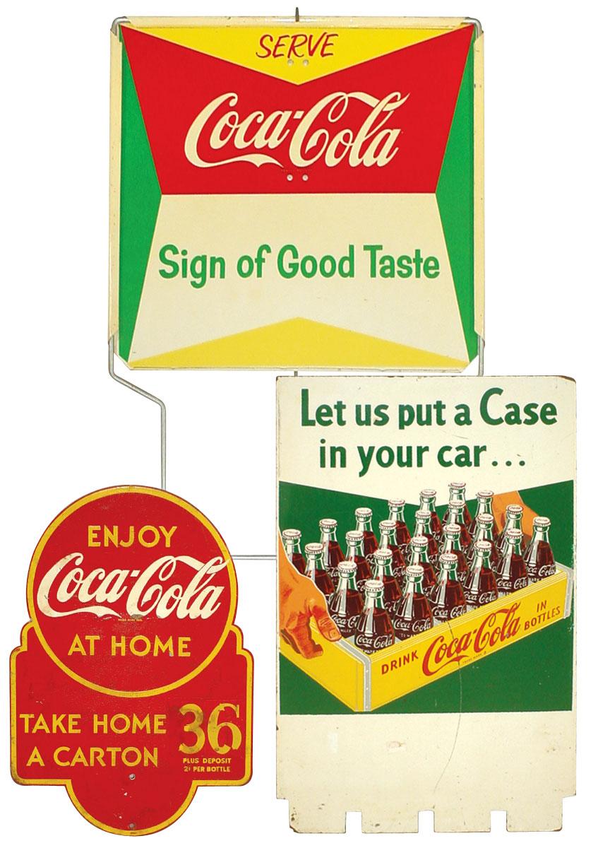 Full Case Sign Coca-Cola bottle rack & case signs (3), c.1930's to 1950's, masonite ...
