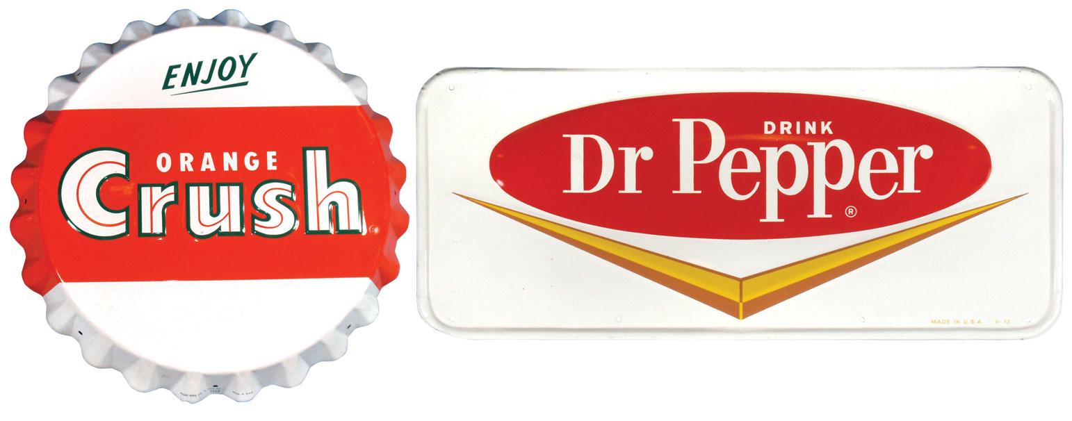 Dr. Pepper embossed metal sign & OrangeCrush bottle cap sign, diecut embossed metal, mfgd by Stout