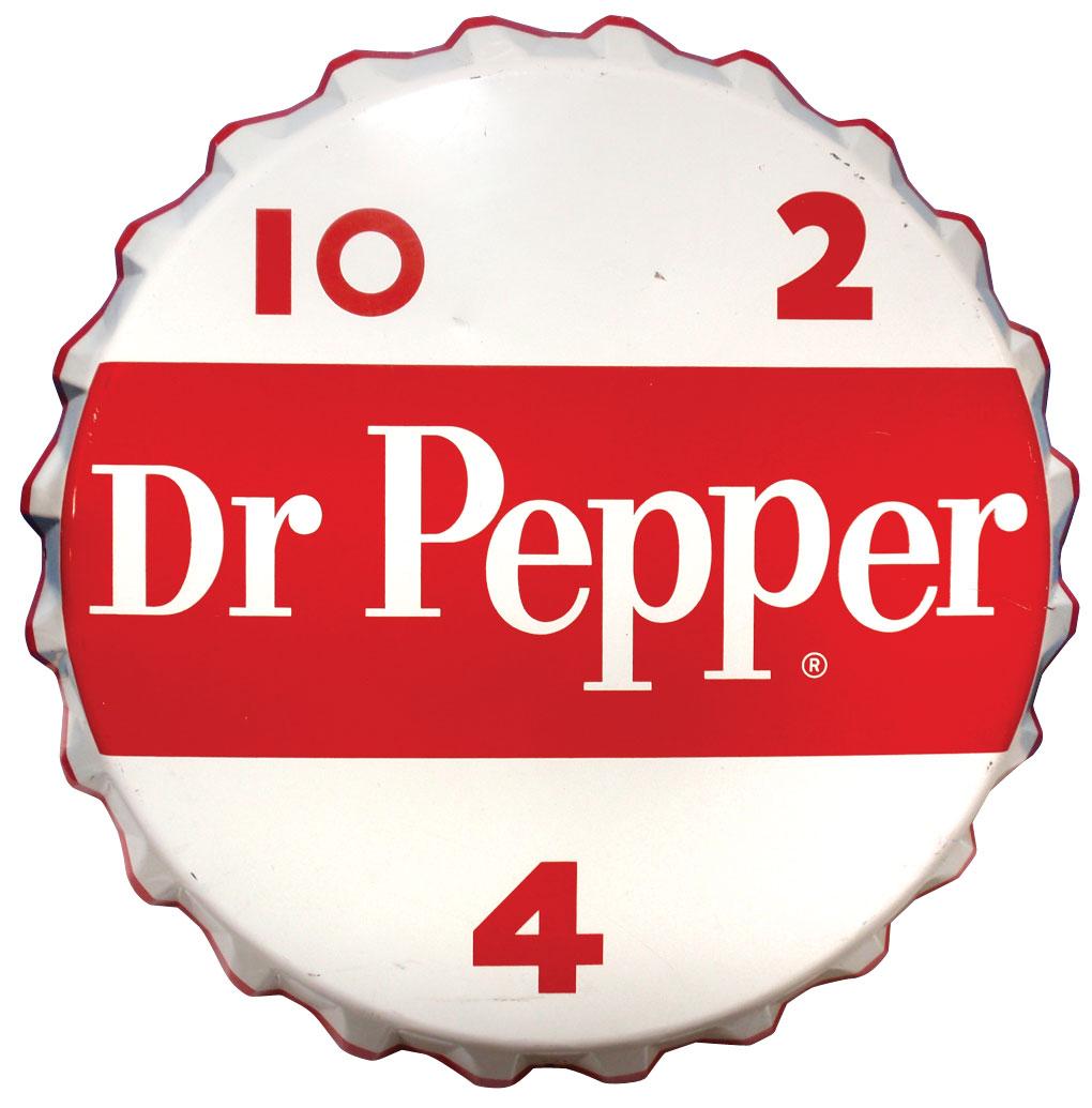 Dr. Pepper bottle cap sign, colorful litho on metal, Exc cond, 27"Dia.