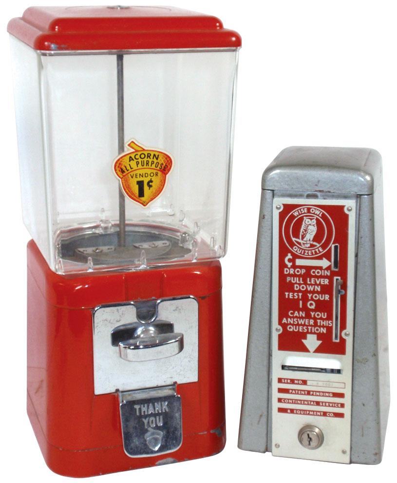 Coinoperated machines (2), Acorn gumball vendor, 1 Cent, metal case w/plastic top, Oak Mfg Co.Culv