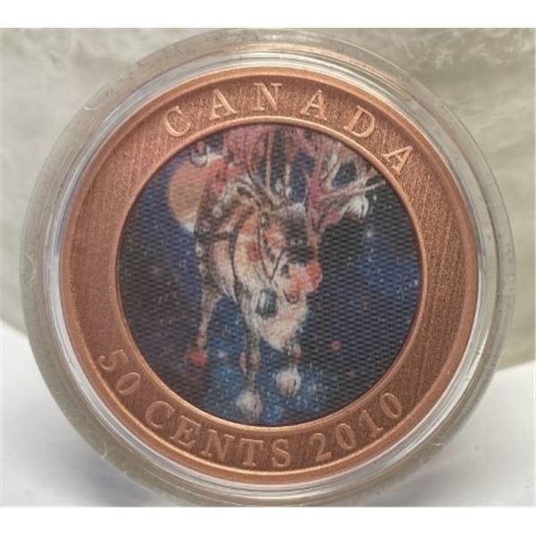 Canada Colorized Santa Fifty Cent Coin , Shows Santa and Rudolf with lenticular printing