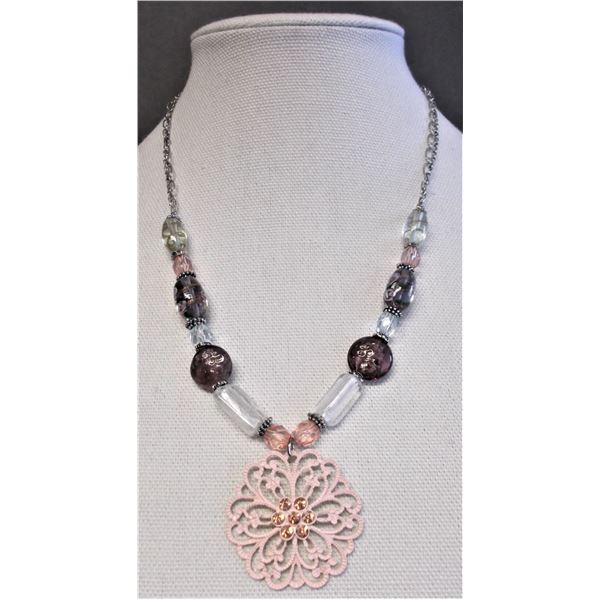 Fashion Jewelry - Silver Tone Necklace with Purple and Pink Beads Featuring a Pink Pendent