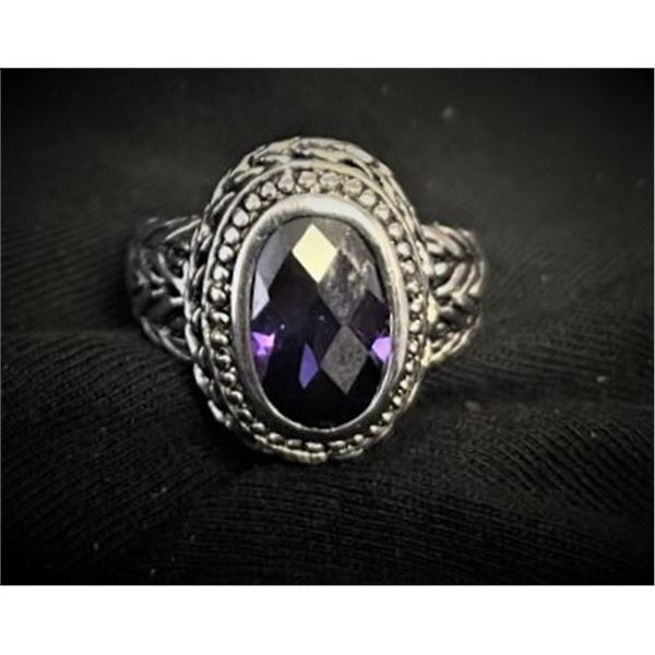 Silvertone Braided Ring with Purple Gemstone , Size 10.5