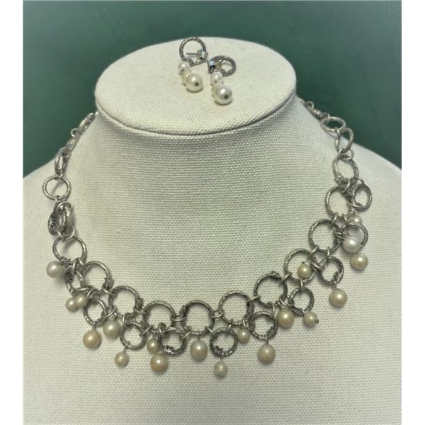 Faux Pearls and Bling Necklace with Matching Earrings