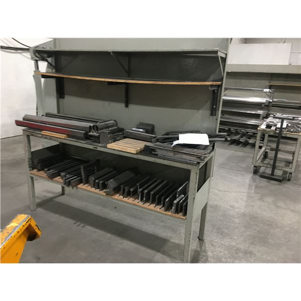 HEAVY METAL WORK BENCH WITH BACKBOARD & BOTTOM SHELF- APPROX. 6' ACROSS ...