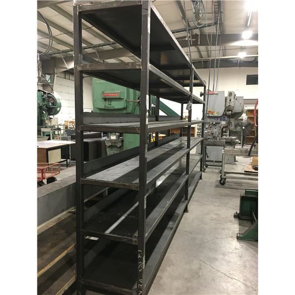 HEAVY STEEL SHOP SHELVING UNIT-APPROX. 18' ACROSS X 2' WIDE X 8' HIGH