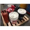 Image 1 : APPROX 8 (PARTIALLY FULL) CONTAINERS ASSORTED LUBRICANTS & RED METAL JERRY CAN