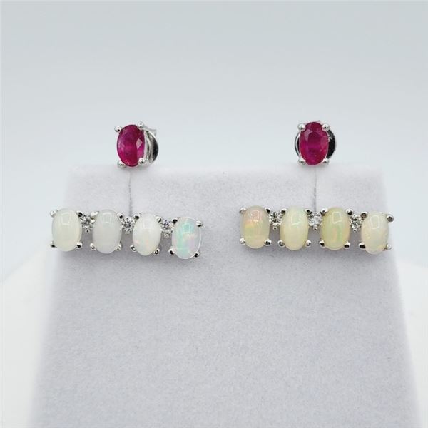 STERLING SILVER NATURAL OPAL (3.76CTS) & NATURAL ENHANCED RUBY (0.96CTS) EARRINGS, W/A $900.00