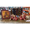 Image 1 : RELIGIOS WOODEN WALL HANGING, PAIR OF CERAMIC FOO DOGS, AND HAND PAINTED TABLETOP DIVIDER