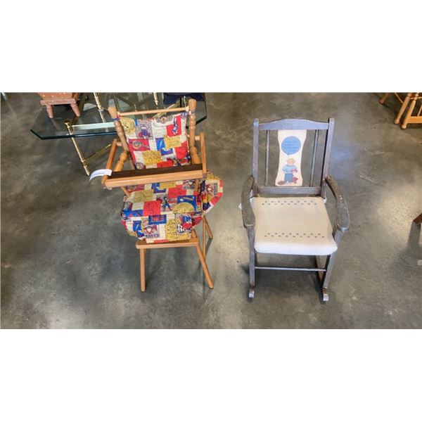 VINTAGE KIDS ROCKING CHAIR AND DOLL HIGH CHAIR