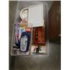 Image 2 : BIN AND BOX OF KITCHEN ITEMS, RAZORS, TOOTHBRUSHES, COOLER