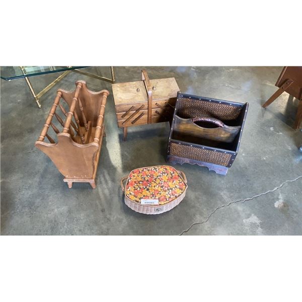 2 MAGAZINE RACKS AND 2 SEWING BOXES