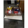 Image 1 : 2 TRAYS OF TOOLS, TORUBLE LIGHT, ALLAN WRENCHES, EXTENTION CORD, CHRISTMAS LIGHTS, COTTER PINS