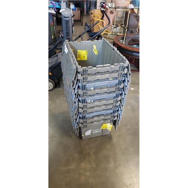 STACK OF 10 STORAGE TOTES WITH BUILT IN LIDS