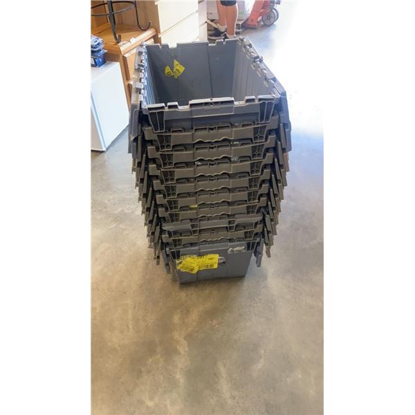 STACK OF 10 STORAGE TOTES WITH BUILT IN LIDS