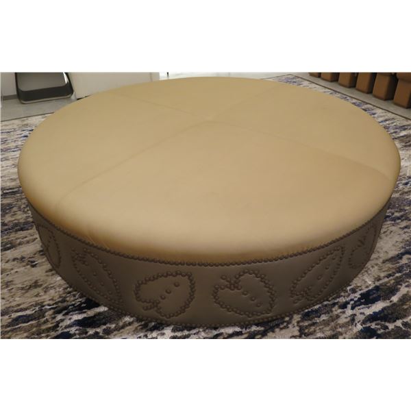 Very Large, Round, Upholstered Table (or Seat) w/ Studded Details, Has Wheels 70" Dia, 15"H