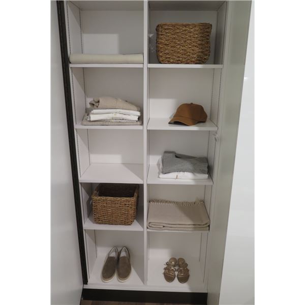 Contents of Shelving: Valentino Sandals, Basket, Blanket, Clothing, Hats, Shoes, etc