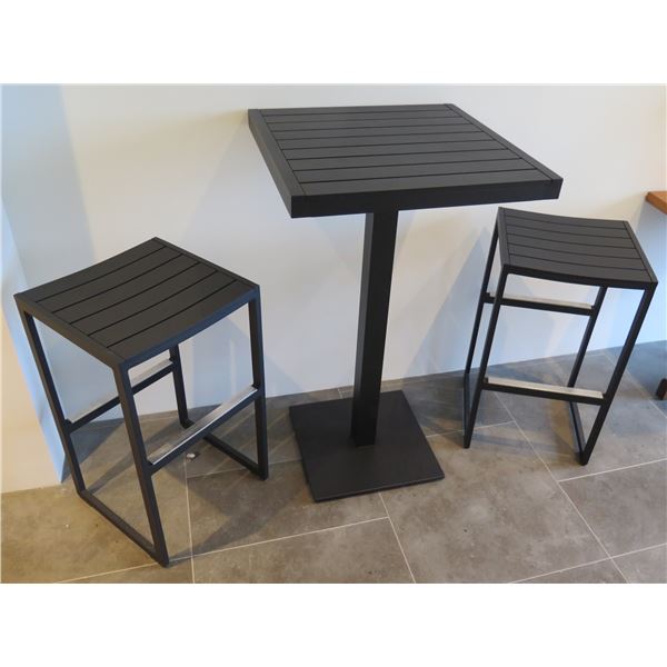 Case Black Table w/ Pedestal Base 27"x25"x43"H w/ 2 Stools 17"x17"x20"H