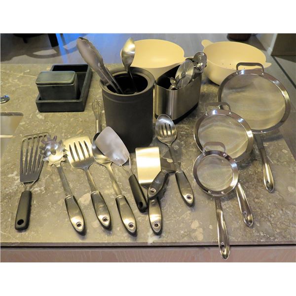 Multiple Kitchen Essentials: Strainers, Spatulas, Bowls, Canisters, Utensils, etc