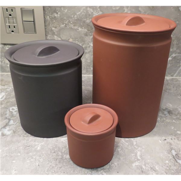 Sir|Madam Ceramica Pots w/ Lids: 1 Black & 2 Terra-Cotta Color, Misc Size