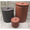 Image 1 : Sir|Madam Ceramica Pots w/ Lids: 1 Black & 2 Terra-Cotta Color, Misc Size