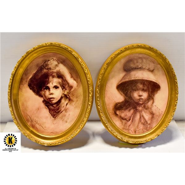 2 VINTAGE OVAL BOY & GIRL PICTURES