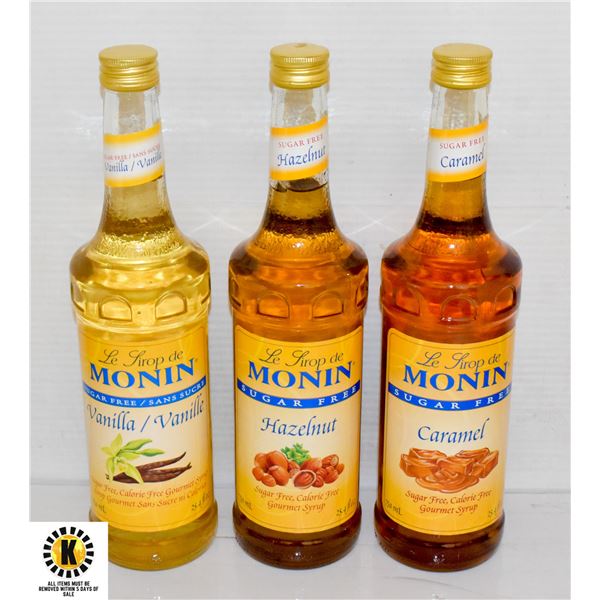 LOT OF 3 MONIN SUGAR FREE SYRUPS (VANILLA +