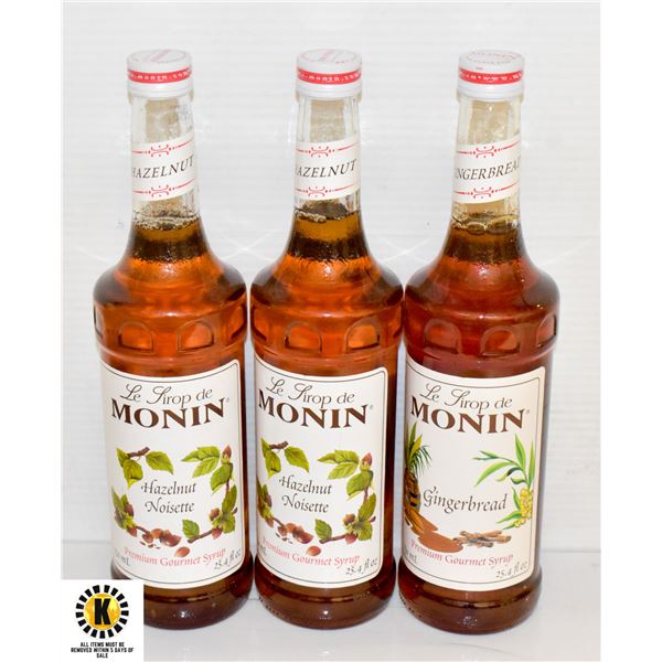 LOT OF 2 MONIN HAZELNUT + 1 GINGERBREAD SYRUPS