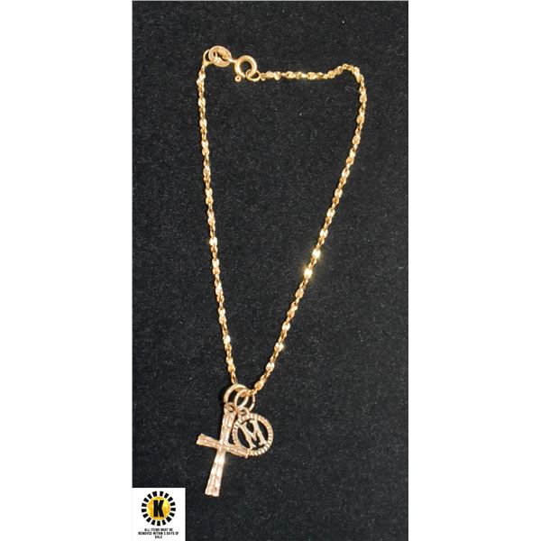 GOLD BRACELET WITH CROSS AND M CHARMS